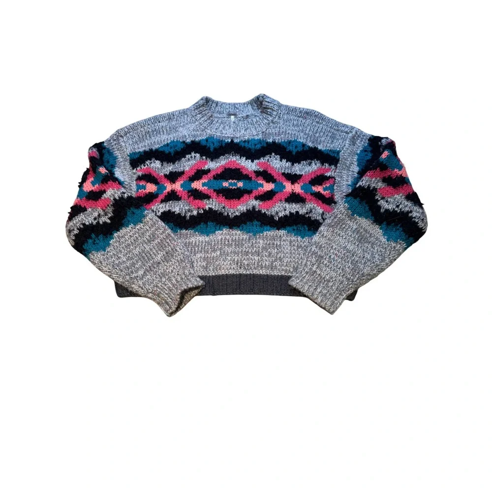 Free People Grey Pink Teal Geometric Intarsia Wool Alpaca Blend‎ Cropped Sweater
